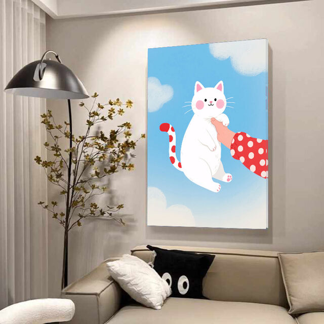Arte de Parede de Gato Branco Fofo em Tela, Cauda de Bolinhas, Manga Vermelha, Mão, Céu Azul e Nuvens - Decoração Caprichosa para Quarto de Bebê e Casa, Sala de Estar