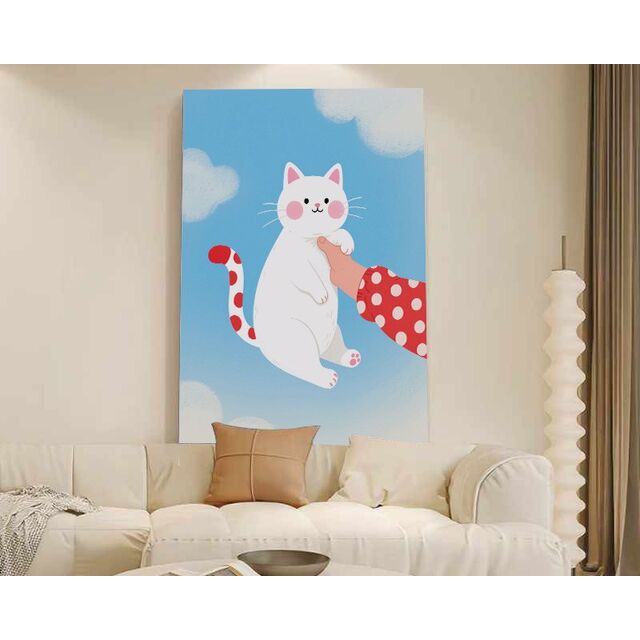 Arte de Parede de Gato Branco Fofo em Tela, Cauda de Bolinhas, Manga Vermelha, Mão, Céu Azul e Nuvens - Decoração Caprichosa para Quarto de Bebê e Casa, Sala de Estar