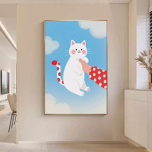 Arte de Parede de Gato Branco Fofo em Tela, Cauda de Bolinhas, Manga Vermelha, Mão, Céu Azul e Nuvens - Decoração Caprichosa para Quarto de Bebê e Casa, Sala de Estar