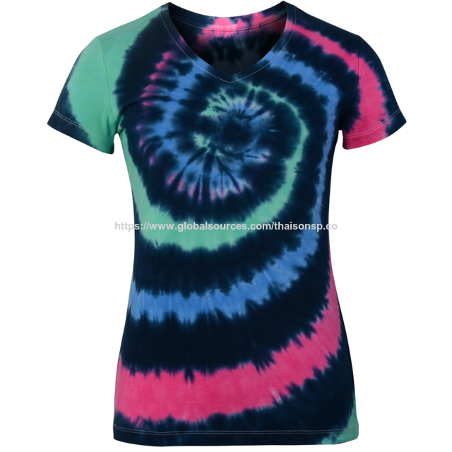 Damen T-Shirt mit V-Ausschnitt, kurzen Ärmeln und Batikmuster [LTD8]