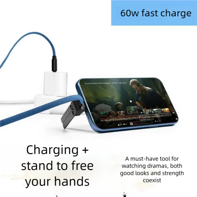 Cable de Carga Rápida de 60W + Soporte 2 en 1, Cable Cargador Manos Libres para Ver Películas en Escritorio/Coche/Viaje