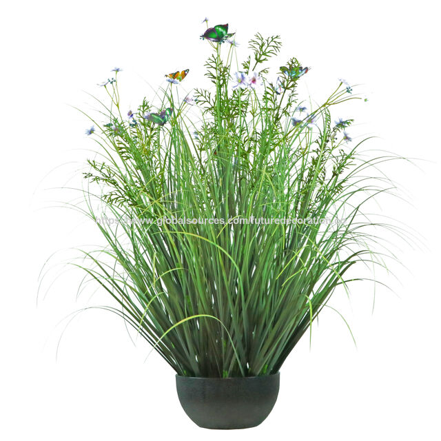 Artículo de gran venta en 2025: Brote de flor de hierba artificial amarilla/verde de 52 cm con maceta de plástico
