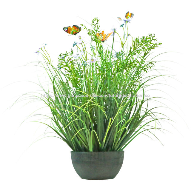 Artículo de gran venta en 2025: Brote de flor de hierba artificial amarilla/verde de 52 cm con maceta de plástico