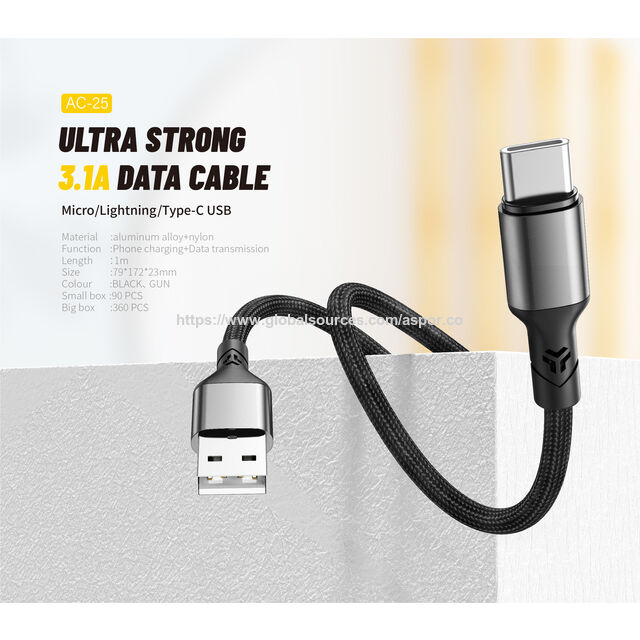 Cable de datos ASPOR AC-25 tipo C PD 3A de carga rápida, 2 en 1 para iPhone, carga rápida y sin dañar el teléfono