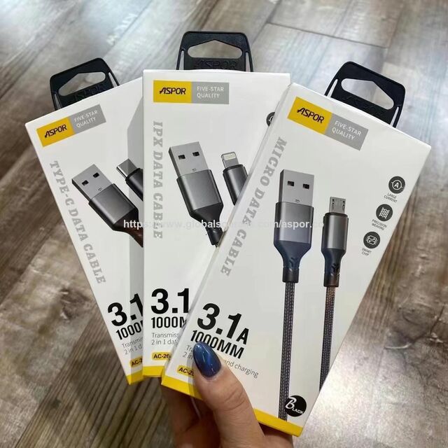 Cable de datos ASPOR AC-25 tipo C PD 3A de carga rápida, 2 en 1 para iPhone, carga rápida y sin dañar el teléfono