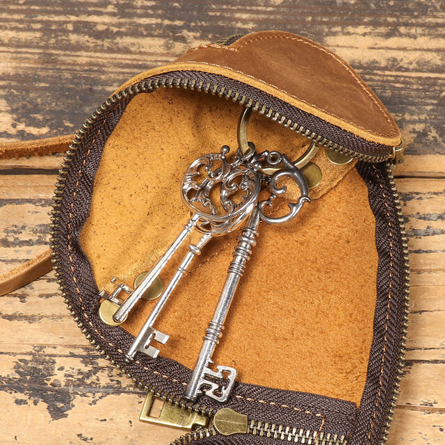 Étui à clés en cuir - Mini sac à main portable en cuir de vachette pur avec fermeture éclair pour clés de voiture et petit portefeuille