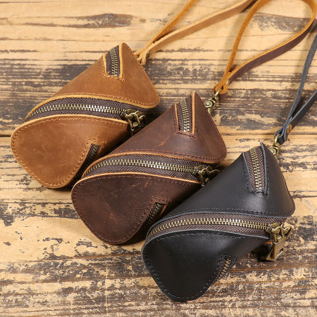 Étui à clés en cuir - Mini sac à main portable en cuir de vachette pur avec fermeture éclair pour clés de voiture et petit portefeuille
