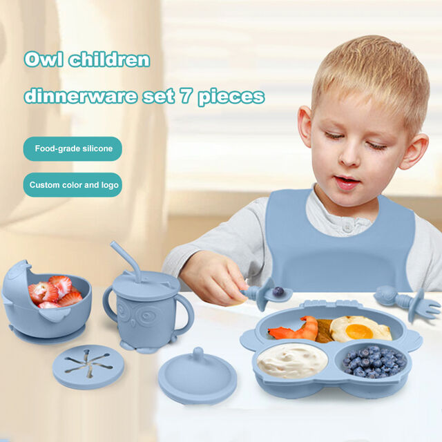 Conjunto de Alimentação para Bebê, Colher para Criança, Babador, Jantar Infantil, Silicone Livre de BPA, Prato com Ventosa, Tigela, Copo para Desmame Guiado pelo Bebê