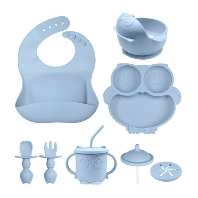 Conjunto de Alimentação para Bebê, Colher para Criança, Babador, Jantar Infantil, Silicone Livre de BPA, Prato com Ventosa, Tigela, Copo para Desmame Guiado pelo Bebê