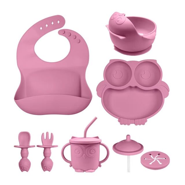 Conjunto de Alimentação para Bebê, Colher para Criança, Babador, Jantar Infantil, Silicone Livre de BPA, Prato com Ventosa, Tigela, Copo para Desmame Guiado pelo Bebê