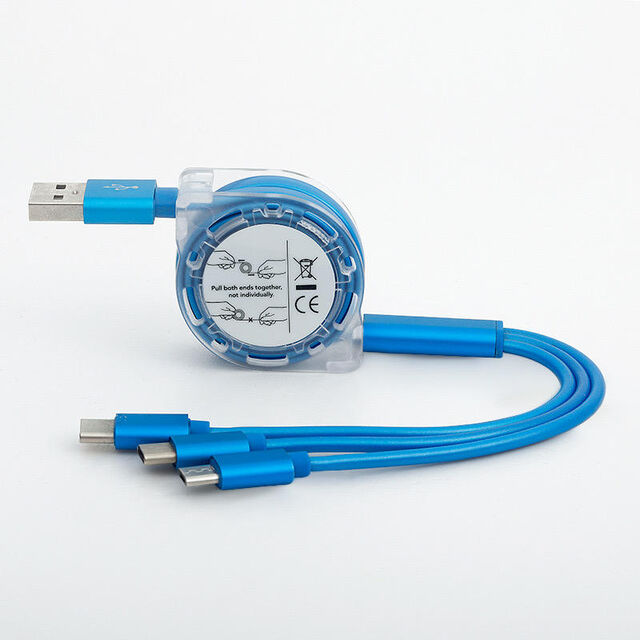 Werbeartikel 3-in-1 USB-Einziehkabel mit individuellem Logo, 3-in-1 Ladekabel, einziehbares Ladekabel 3-in-1 mit C-Option
