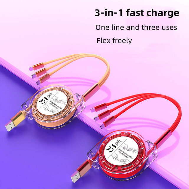 Werbeartikel 3-in-1 USB-Einziehkabel mit individuellem Logo, 3-in-1 Ladekabel, einziehbares Ladekabel 3-in-1 mit C-Option