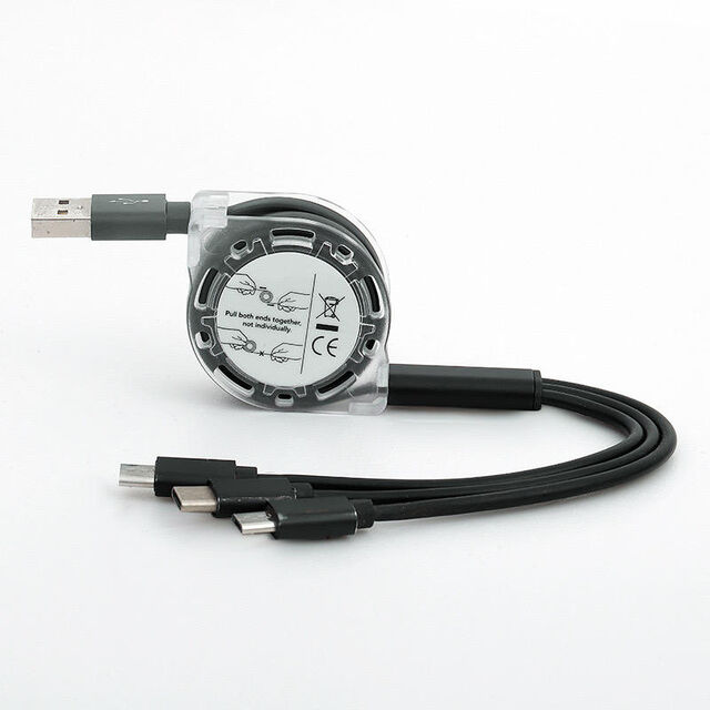 Werbeartikel 3-in-1 USB-Einziehkabel mit individuellem Logo, 3-in-1 Ladekabel, einziehbares Ladekabel 3-in-1 mit C-Option