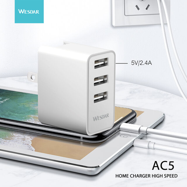شاحن سفر Wesdar 5V 2.4A ABS بثلاثة منافذ USB للهاتف المحمول