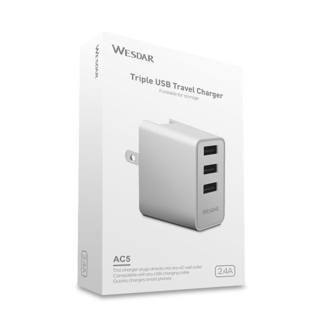 شاحن سفر Wesdar 5V 2.4A ABS بثلاثة منافذ USB للهاتف المحمول