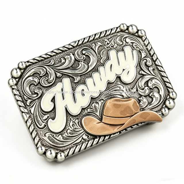 Hebilla de Cinturón Occidental de Aleación de Zinc Personalizada, Diseño de Sombrero de Vaquero con Esmalte Suave, Acabado Impreso Troquelado y Grabado Plateado Antiguo
