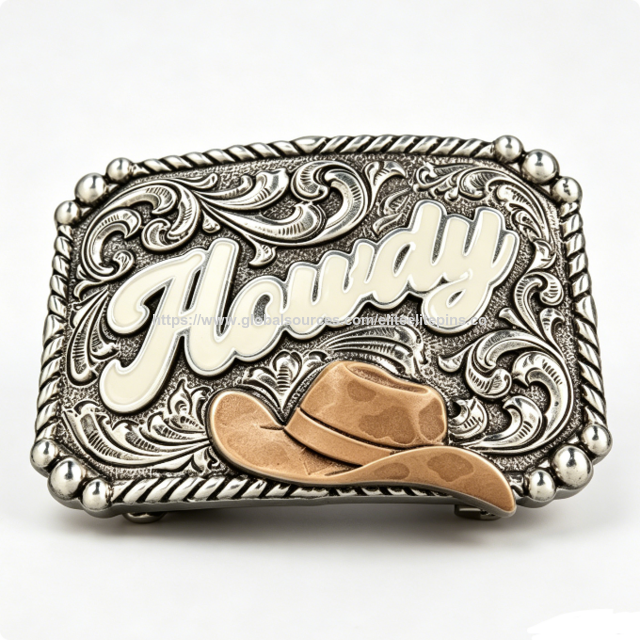 Hebilla de Cinturón Occidental de Aleación de Zinc Personalizada, Diseño de Sombrero de Vaquero con Esmalte Suave, Acabado Impreso Troquelado y Grabado Plateado Antiguo