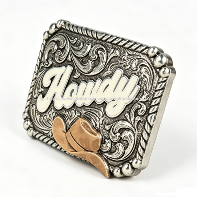 Hebilla de Cinturón Occidental de Aleación de Zinc Personalizada, Diseño de Sombrero de Vaquero con Esmalte Suave, Acabado Impreso Troquelado y Grabado Plateado Antiguo