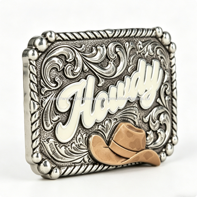 Hebilla de Cinturón Occidental de Aleación de Zinc Personalizada, Diseño de Sombrero de Vaquero con Esmalte Suave, Acabado Impreso Troquelado y Grabado Plateado Antiguo