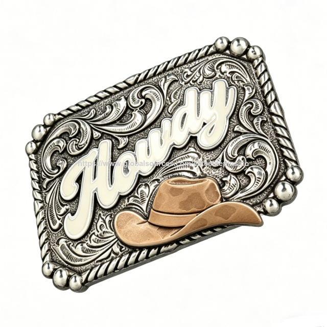 Hebilla de Cinturón Occidental de Aleación de Zinc Personalizada, Diseño de Sombrero de Vaquero con Esmalte Suave, Acabado Impreso Troquelado y Grabado Plateado Antiguo