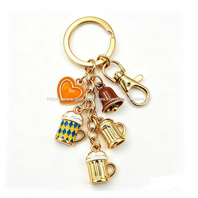 Llavero de Jarra de Cerveza de Aleación de Zinc con Impresión UV Personalizada, Chapado en Oro con Colgante Múltiple, Anillo de Llave Elegante como Souvenir de Oktoberfest de Múnich