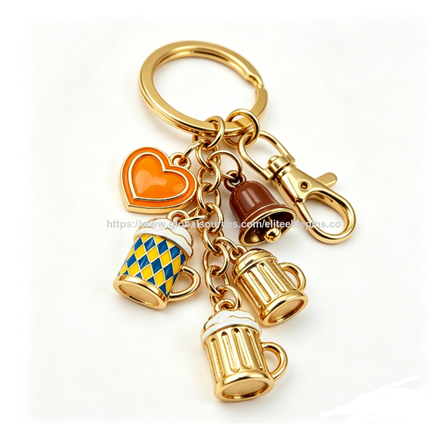 Llavero de Jarra de Cerveza de Aleación de Zinc con Impresión UV Personalizada, Chapado en Oro con Colgante Múltiple, Anillo de Llave Elegante como Souvenir de Oktoberfest de Múnich