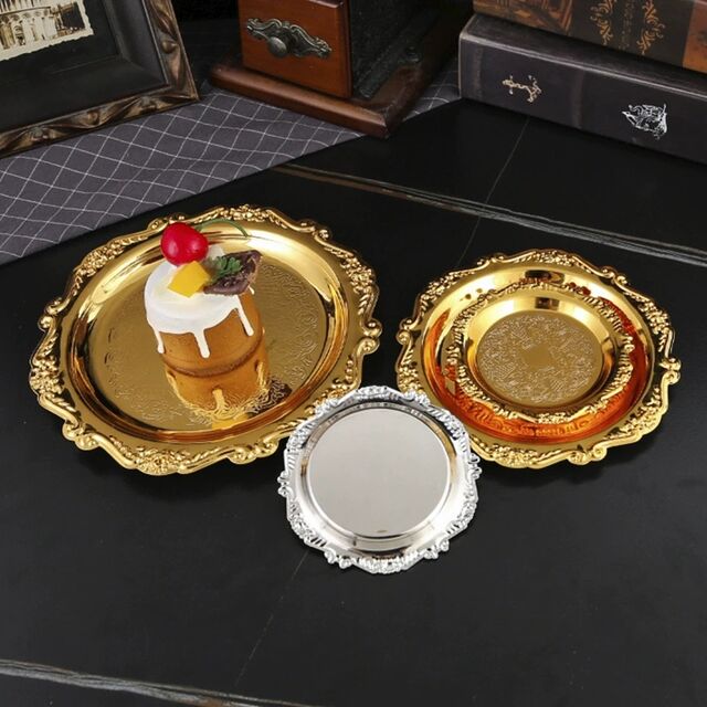 Bandeja Dorada Metálica de Hierro Repujado, Plato Decorativo para Frutas, Snacks y Pasteles, Bandeja para Joyería
