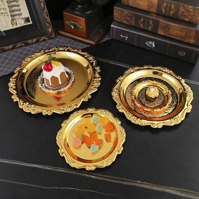 Bandeja Dorada Metálica de Hierro Repujado, Plato Decorativo para Frutas, Snacks y Pasteles, Bandeja para Joyería