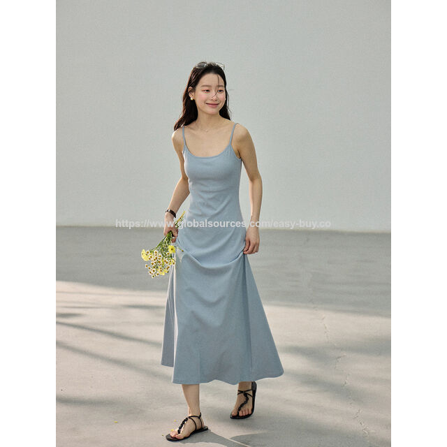 Robe d'été moulante, couleur unie, mi-longue, tricot ajusté à la taille