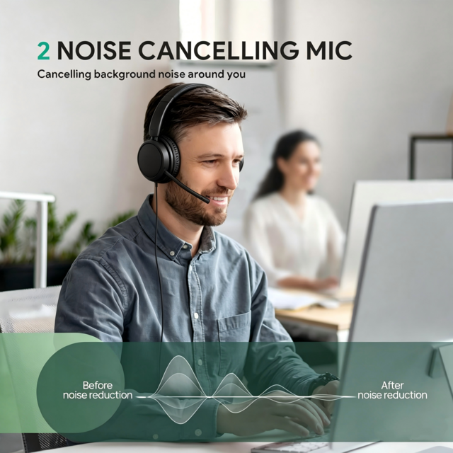 Casques sans fil pour bureau avec microphone antibruit, conception supra-auriculaire étanche IPX-3 pour centres d'appels