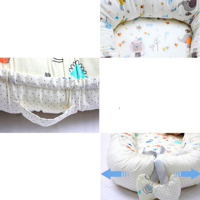 Niedlicher Baby-Lounger mit Cartoon-Tierdruck, Schleife und Herz-Anhänger, Baby-Nestchen-Kissen