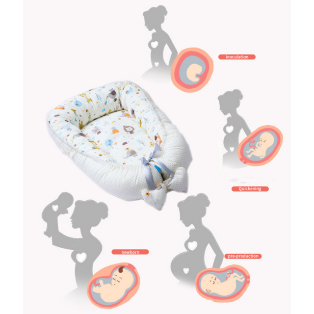 Niedlicher Baby-Lounger mit Cartoon-Tierdruck, Schleife und Herz-Anhänger, Baby-Nestchen-Kissen