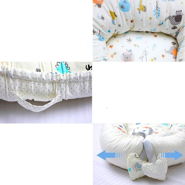 Niedlicher Baby-Lounger mit Cartoon-Tierdruck, Schleife und Herz-Anhänger, Baby-Nestchen-Kissen