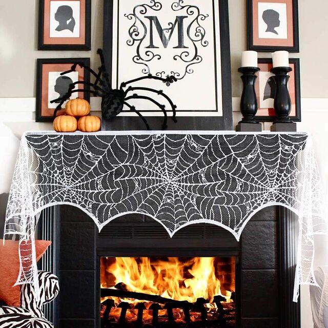 Halloween Dekorationen Schwarze Spitze Spinnennetz Kamin Kaminsims Schal Abdeckung für Halloween Kaminsims Dekor Festliche Partyzubehör
