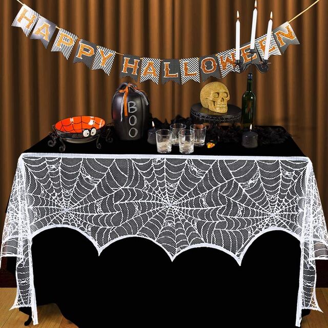 Halloween Dekorationen Schwarze Spitze Spinnennetz Kamin Kaminsims Schal Abdeckung für Halloween Kaminsims Dekor Festliche Partyzubehör