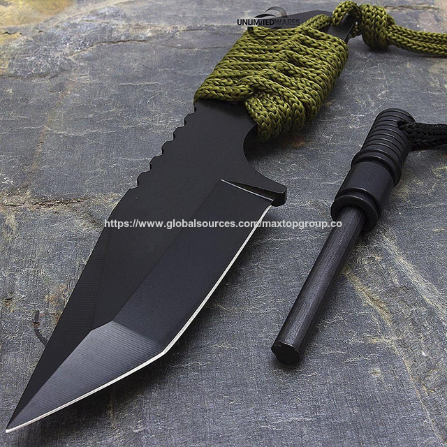 Militärisches Überlebensmesser mit Feuerstarter. Klinge aus 3CR13 Edelstahl mit Nylon-Trageband.