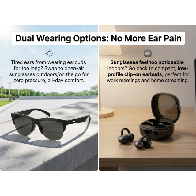 Lunettes Intelligentes F01 Lunettes de Soleil Bluetooth Anti Lumière Bleue Anti-UV + Écouteurs à Oreille Ouverte Q11 Écouteurs à Clip d'Oreille
