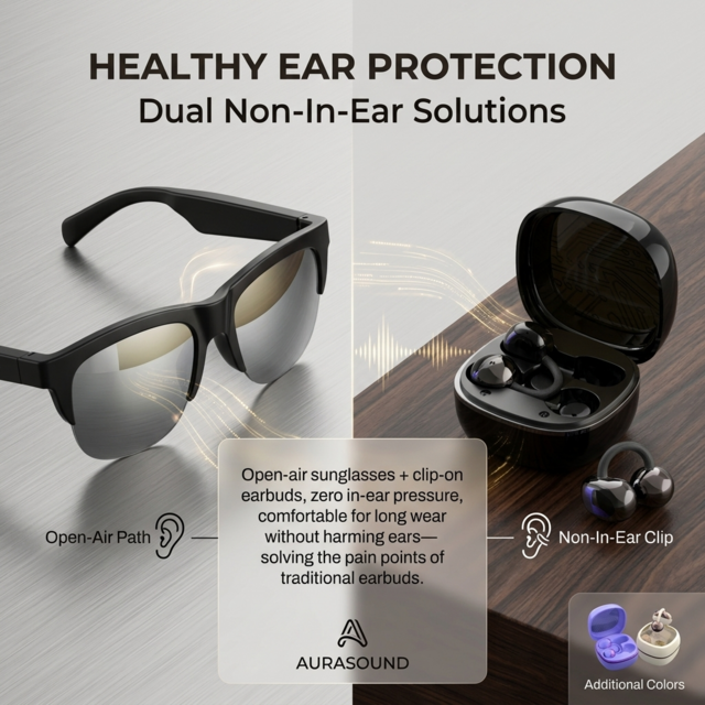 Lunettes Intelligentes F01 Lunettes de Soleil Bluetooth Anti Lumière Bleue Anti-UV + Écouteurs à Oreille Ouverte Q11 Écouteurs à Clip d'Oreille