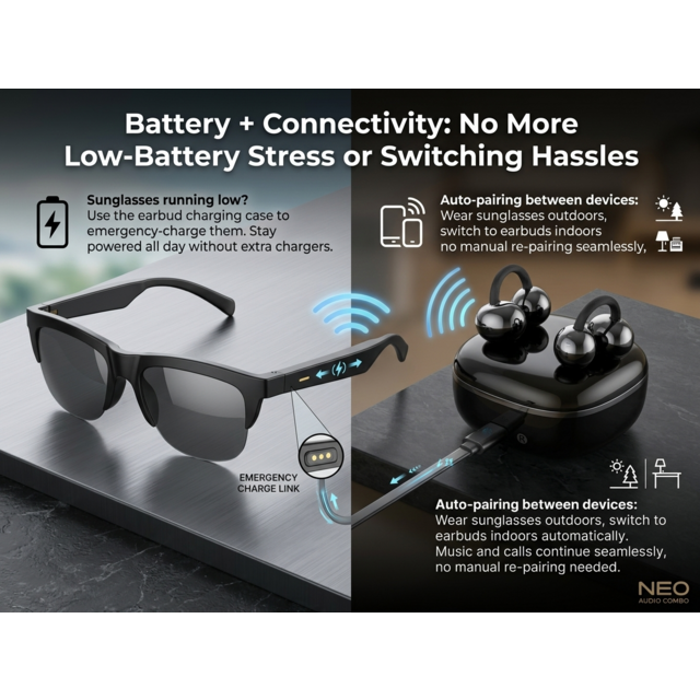 Lunettes Intelligentes F01 Lunettes de Soleil Bluetooth Anti Lumière Bleue Anti-UV + Écouteurs à Oreille Ouverte Q11 Écouteurs à Clip d'Oreille