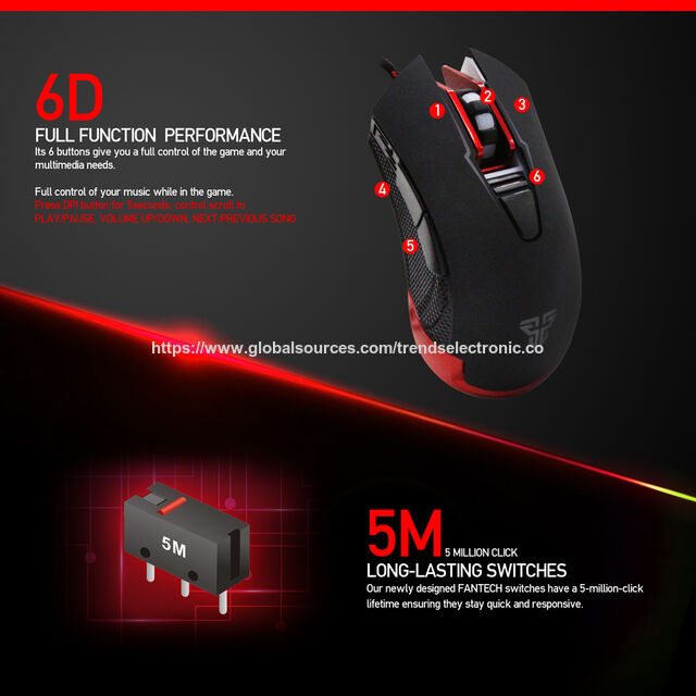 Ratón óptico para juegos Fantech con cable, 6D, 2400 DPI