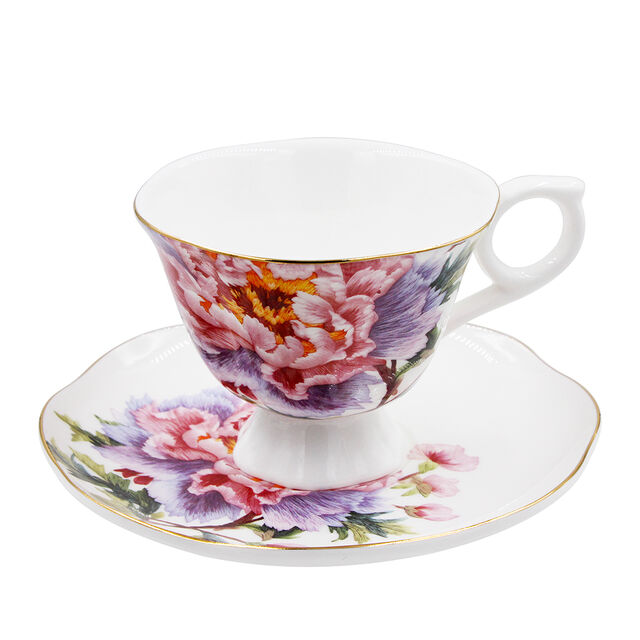 SMF Klassisches Pfingstrosen-Blumenmuster-Dekor Knochenporzellan-Teekanne-Set, Nachhaltige Trinkbecher & Untertassen, LFGB-zertifiziert, für Zuhause & Café