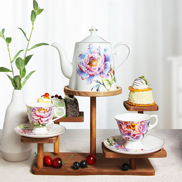 SMF Klassisches Pfingstrosen-Blumenmuster-Dekor Knochenporzellan-Teekanne-Set, Nachhaltige Trinkbecher & Untertassen, LFGB-zertifiziert, für Zuhause & Café