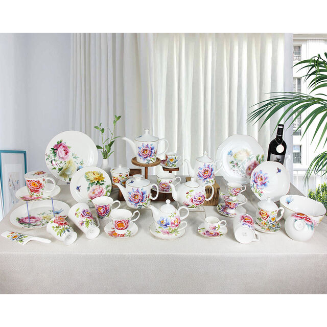 SMF Klassisches Pfingstrosen-Blumenmuster-Dekor Knochenporzellan-Teekanne-Set, Nachhaltige Trinkbecher & Untertassen, LFGB-zertifiziert, für Zuhause & Café