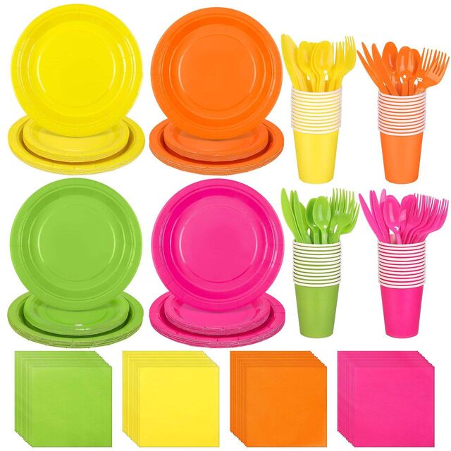 Servicio de Vajilla Desechable de Plástico de Alta Calidad para Fiestas: Servilletas, Vasos, Platos, Cucharas, Tenedores y Cuchillos