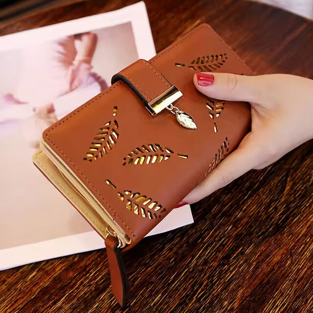Carteiras Longas Femininas Estilo Coreano com Design de Folhas Vazadas, Carteira de Couro 2026, Bolsa para Celular, Bolsa para Impressão