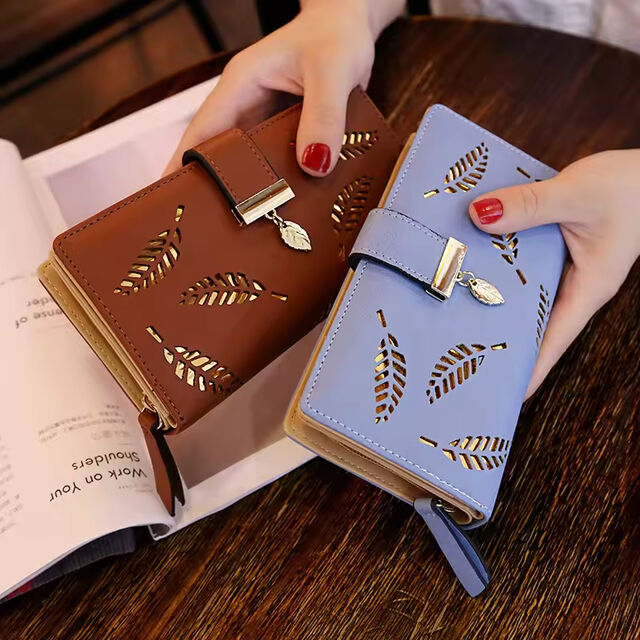Carteiras Longas Femininas Estilo Coreano com Design de Folhas Vazadas, Carteira de Couro 2026, Bolsa para Celular, Bolsa para Impressão
