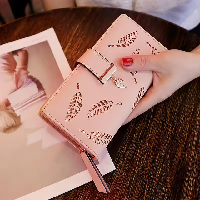 Carteiras Longas Femininas Estilo Coreano com Design de Folhas Vazadas, Carteira de Couro 2026, Bolsa para Celular, Bolsa para Impressão