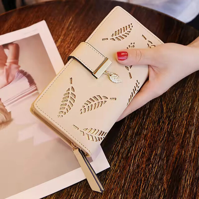 Carteiras Longas Femininas Estilo Coreano com Design de Folhas Vazadas, Carteira de Couro 2026, Bolsa para Celular, Bolsa para Impressão