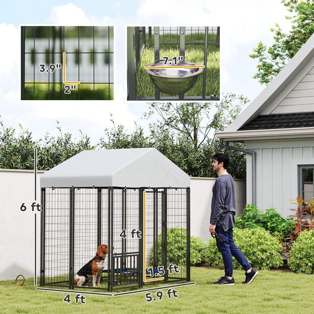 Chenil Métallique d'Extérieur pour Chiens avec Toit Pivotant pour Animaux de Compagnie