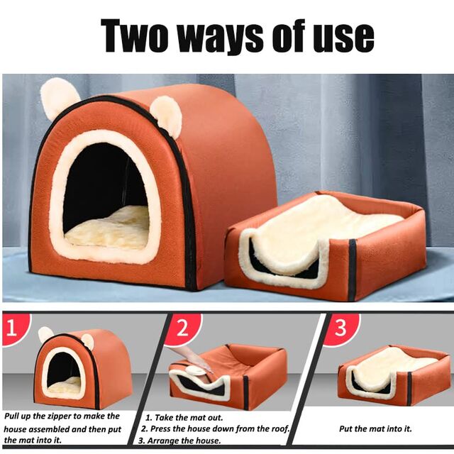 Cama para Perros, 2 Formas de Uso, Casa para Mascotas de Interior con Alfombrilla Mullida, Funda Extraíble y Lavable
